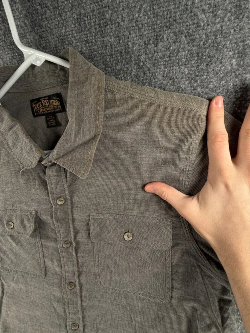 True Religion Fine Corduroy Button Up Gray Long Sleeve Large Soft Pockets **